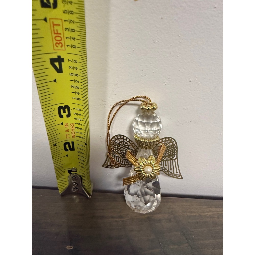 Faceted Angel Ornament Gold Filigree Wings Faux Pearl Accent 3"
